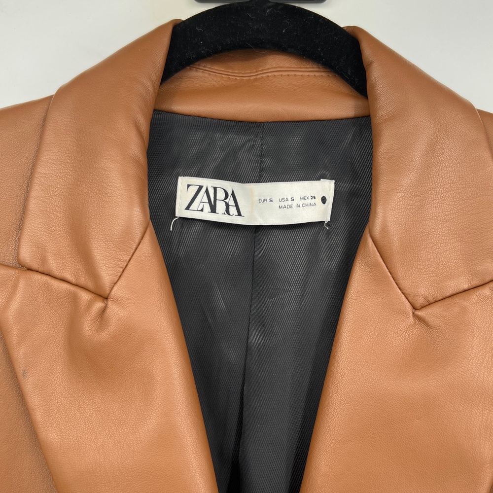 Zara Brown Tan Fall Faux Leather Double Button Blazer Oversized Coat SIze Small - Picture 2 of 5